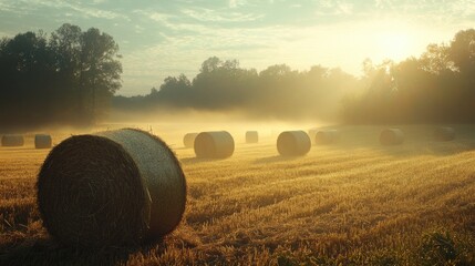 A sunlit morning on a farm, with dew glistening on round hay bales scattered across a misty field.