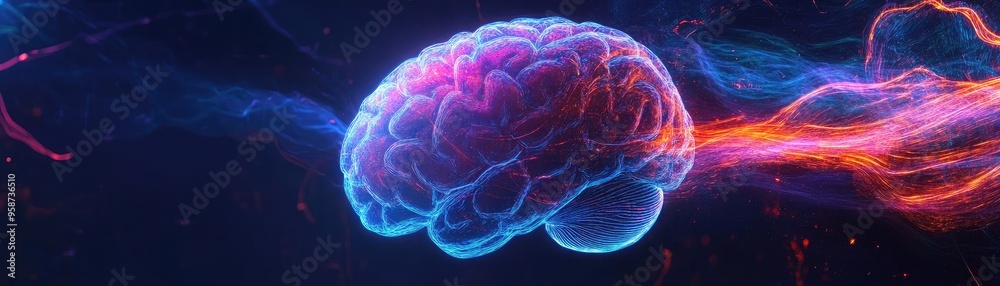 Poster vibrant illustration of a brain, showcasing colorful energy waves and abstract patterns, symbolizing