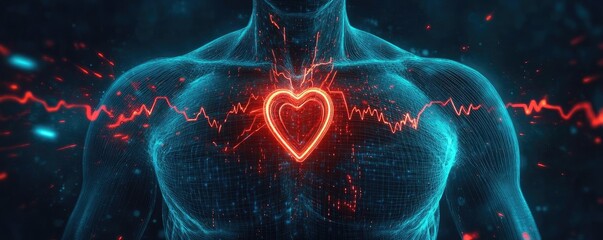 An illuminated heart graphic symbolizing love and life within a digital human silhouette, showcasing energy and vitality.