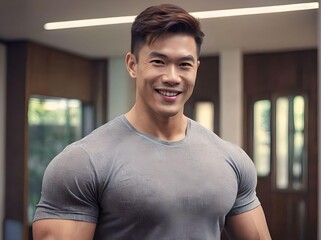 Muscular Asian Man with Grey T-shirt Smiling and Looking at Camera in The House Portrait
