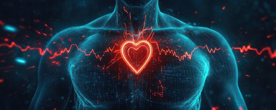 An illuminated heart graphic symbolizing love and life within a digital human silhouette, showcasing energy and vitality.