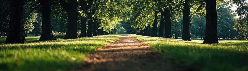 Obraz premium A serene pathway lined with lush trees, inviting a peaceful stroll amidst nature's beauty.