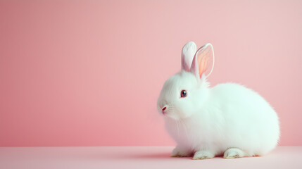 A fluffy white bunny with pink ears sitting on a pastel pink background



