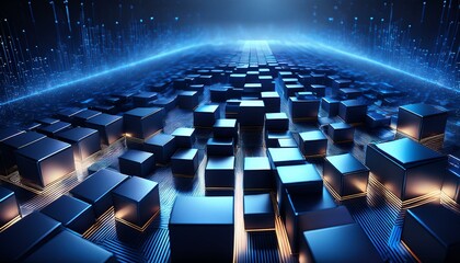 Fototapeta premium a surface consisting of many neatly arranged three-dimensional boxes, with a dark blue color and bright blue borders, creating a futuristic and dynamic impression