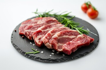Fresh raw steaks seasoned with rosemary and salt, arranged on a black slate plate with cherry tomatoes in the background
