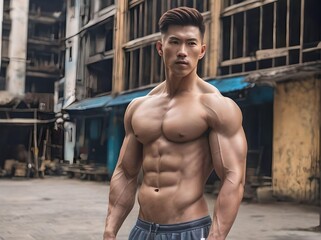 Portrait of Asian Male Model Shirtless and Muscular Wearing Shorts Posing with Trendy Haircut and Unfinished Buildings in The Background