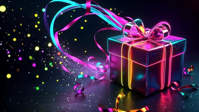 Neon gift box with confetti exploding on dark background
