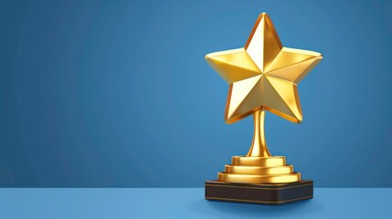 A shiny golden star shaped award trophy sits on a blue surface.