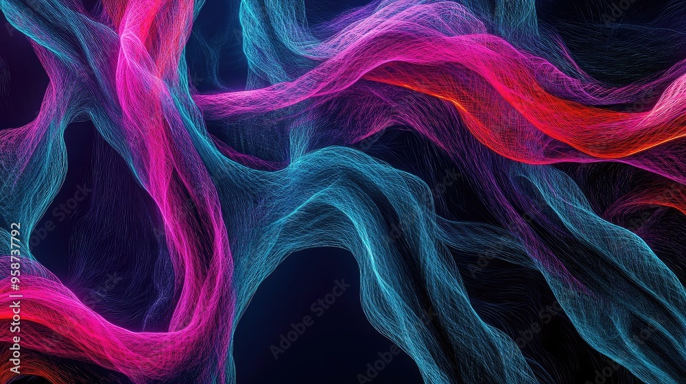 Poster Vibrant abstract waves in pink and blue create a dynamic visual experience. Perfect for modern design projects and digital art.
