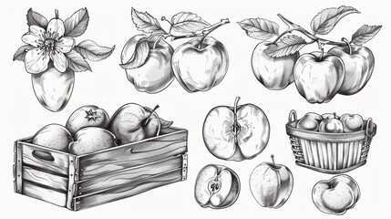 Line drawing of apple fruit, flower, plant, leaf