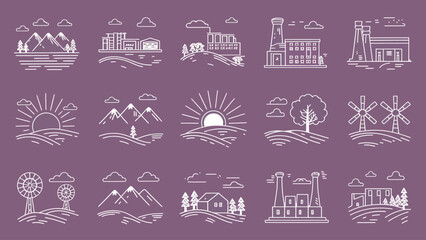 2d vector illustration icon, shape line , architecture factory and town with home 
