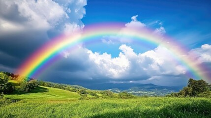 Obraz premium A vibrant rainbow arching across a clear sky after a light rain, with lush green fields in the foreground