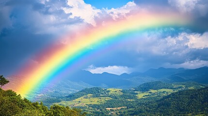 A vibrant rainbow with a dramatic sky and distant mountains in the background, showcasing the full spectrum of colors