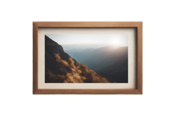 Wooden frame with mountain picture isolated on transparent background
