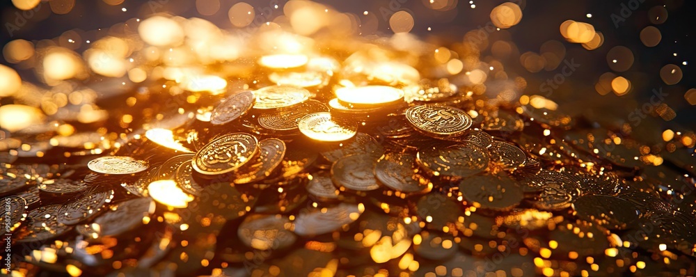 Poster a stunning close-up of gleaming golden coins piled high, illuminated by shimmering light, symbolizin
