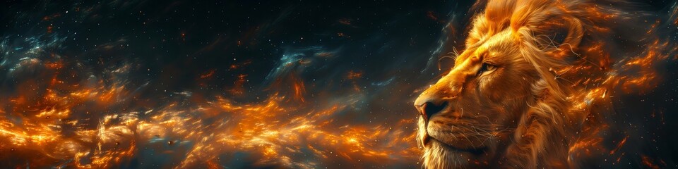 Panoramic banner with majestic lion with a fiery mane emerges from swirling space clouds, embodying strength and power in the wild. Wallpaper and poster