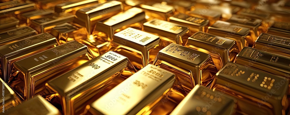 Poster a close-up view of shimmering gold bars stacked neatly, symbolizing wealth and luxury in a financial