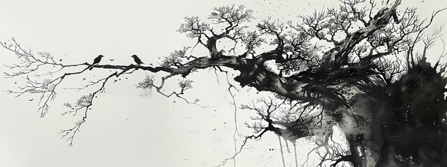 A serene monochrome ink painting of a gnarled tree with birds perched on its branches, evoking tranquility and natural beauty.