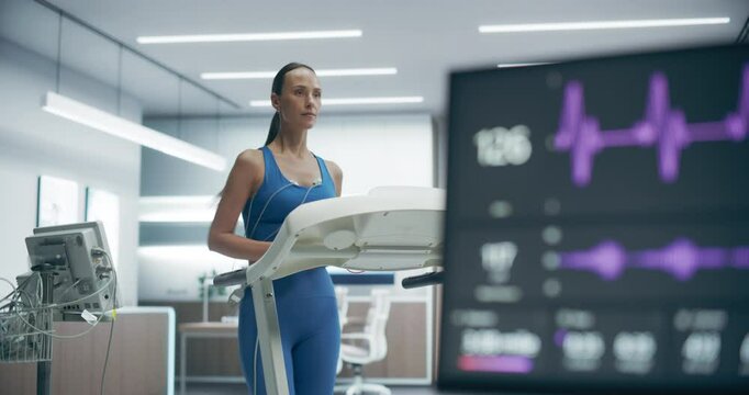 Female Athlete Performs a Cardiopulmonary Exercise Test on a Treadmill in Medical Lab, Monitored by Advanced Equipment for Precise Health and Performance Analysis. Pan shot from Athlete to Monitor