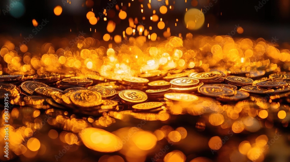 Poster a captivating display of shimmering coins with a golden sparkle, showcasing wealth and prosperity in