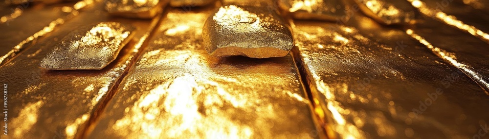 Poster close-up view of shiny gold bars arranged on a surface, showcasing their luxurious and opulent textu