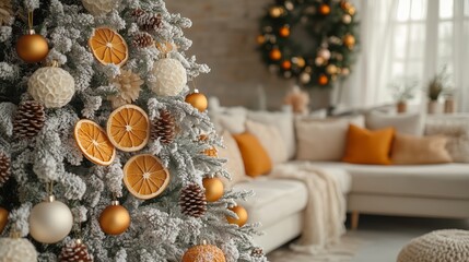 A close-up of a white Christmas tree decorated with dried orange slices, dry berries, cones, pampas grass, paper ornaments, and paper honeycombs in front of the sofa