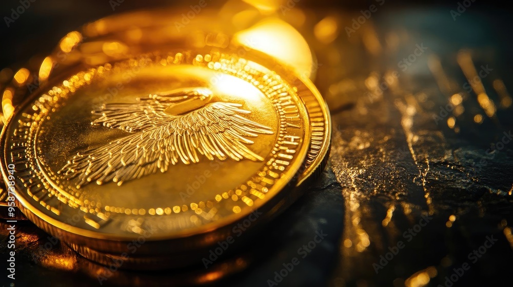 Poster Close-up of a shiny gold coin with an intricate design, resting on a dark surface. Ideal for finance and luxury themes.
