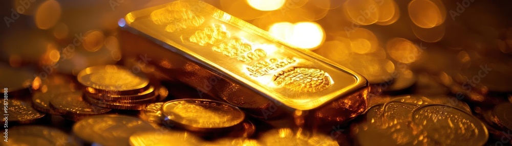 Poster Shiny gold bar surrounded by scattered golden coins, symbolizing wealth and prosperity in a luxurious setting.