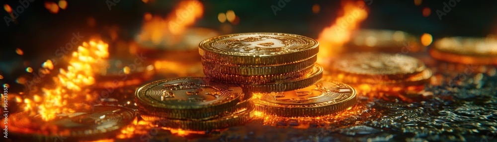 Poster stacks of glowing coins surrounded by radiant light, symbolizing wealth and prosperity in a mystical