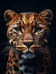 Fototapeta premium portrait of a leopard front face on dark background