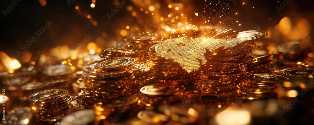 Poster a stunning display of shimmering gold coins with a burst of light, symbolizing wealth and prosperity