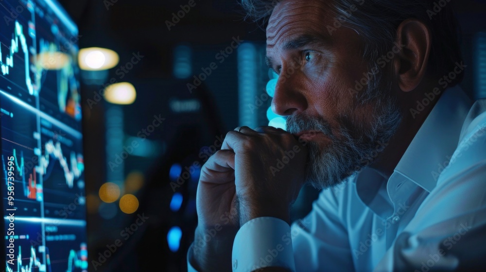 Aufkleber A man is looking at a computer screen with a lot of numbers and graphs