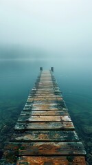 Obraz premium A wooden pier extends into a misty lake, the water a deep blue-green.