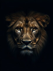 Fototapeta premium portrait of a lion front face on dark background