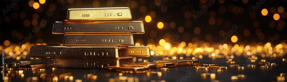 Poster Stacks of gold bars gleaming against a backdrop of golden bokeh lights, symbolizing wealth and prosperity.