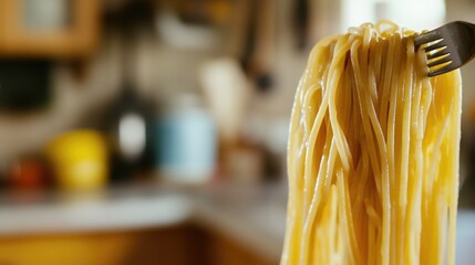 An artistic close-up of spaghetti draped over a fork, with a blurred background of a rustic Italian kitchen