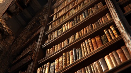 Antique Books on Ornate Wooden Shelves