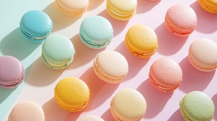 Obraz premium An artistic layout of macarons in different flavors and colors, set against a pastel-colored backdrop for a dreamy effect