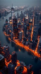 Naklejka premium Aerial view of illuminated skyscrapers and river in bustling metropolitan city at night