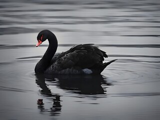 Naklejka premium Black Swan in a River - Elegant Nature Scene, Animal Photography, and Home Decor
