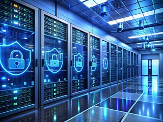 Design an image of a secure server room with multiple layers of protection. 