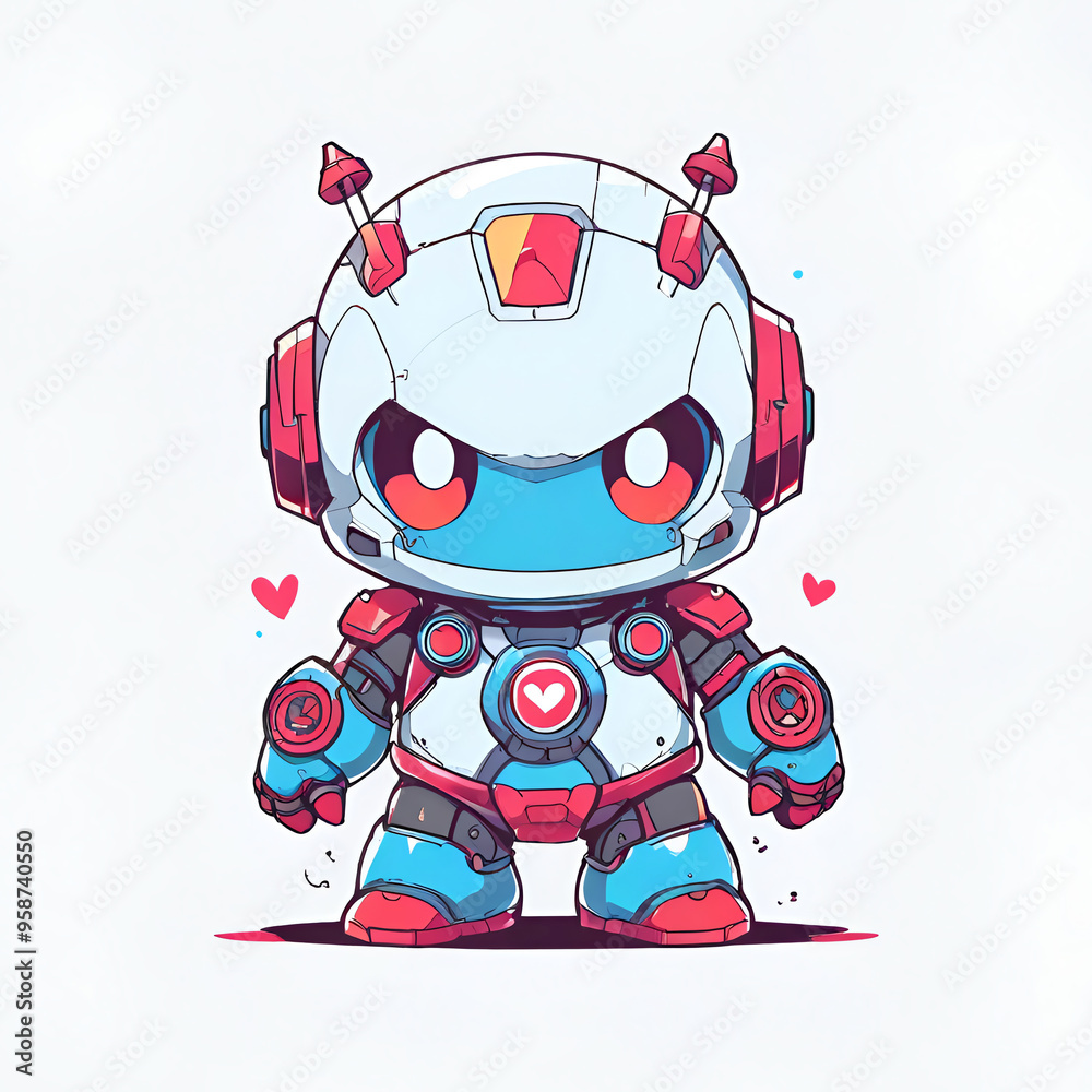 Poster cute robot character with red hearts