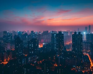 Dazzling Twilight Skyline with Majestic Skyscrapers and Glowing Horizon in the Bustling Cityscape