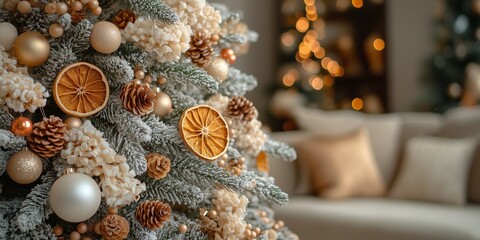 A close-up of a white Christmas tree decorated with dried orange slices, dry berries, cones, pampas grass, paper ornaments, and paper honeycombs in front of the sofa