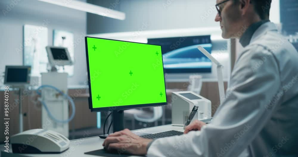 Leinwandbilder a male scientist in a white lab coat analyzes data on a green screen computer in a advanced medical 