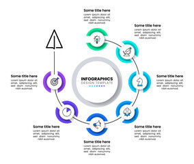 Infographic template. Circle with paper plane and 7 steps