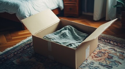 An open cardboard box with a folded clothing piece, set on a bedroom floor, suggesting an online purchase delivery.