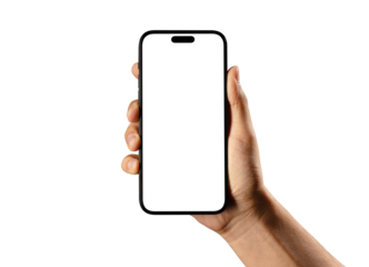 Hand holding smartphone mockup as png photo with blank screen isolated on white background. mobile phone hand mockup