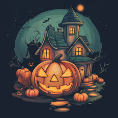 Fototapeta premium Halloween pumpkin smiling in front of haunted house under full moon