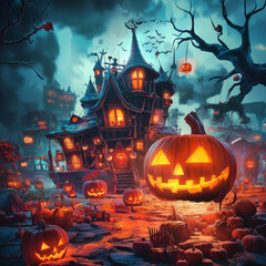 Halloween pumpkins illuminating haunted village at twilight